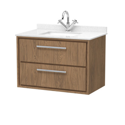 B&Q -  Lille Wall Hung Two Drawer Contemporary Vanity Unit With Marble Top & Basin In Antique Oak820 X 470mm