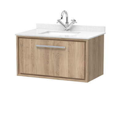Hudson Reed Lille Wall Hung Single Drawer Contemporary Vanity Unit With Marble Top & Basin In Bleached Oak820 X 470mm from B&Q