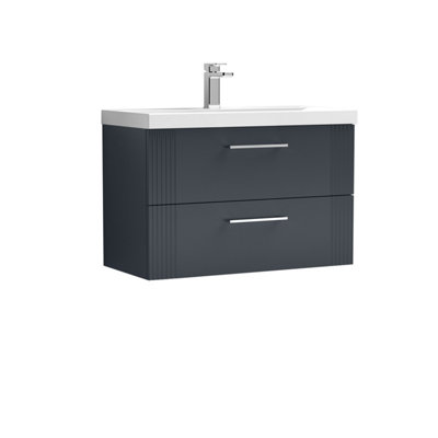 B&Q -  Belvide Partial Fluted 2 Drawer Wall Hung Vanity Unit With 1 Tap Hole Thin-Edge Basin- 800mmSatin Dark Grey