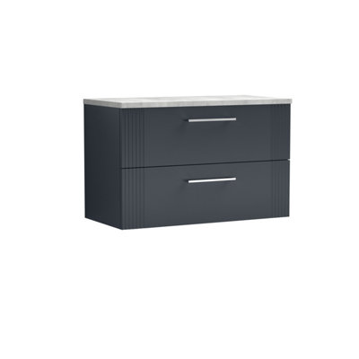 B&Q -  Belvide Partial Fluted 2 Drawer Wall Hung Vanity Unit With Bellato Grey Laminate Worktop800mmSatin Soft Black