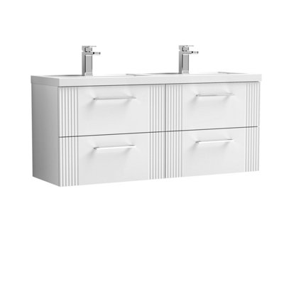 B&Q -  Belvide Partial Fluted 4 Drawer Wall Hung Vanity Unit With Double Polymarble Basin1200mmSatin White