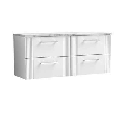 Balterley Belvide Partial Fluted 4 Drawer Wall Hung Vanity Unit With Carrera Marble Laminate Worktop1200mmSatin White from B&Q