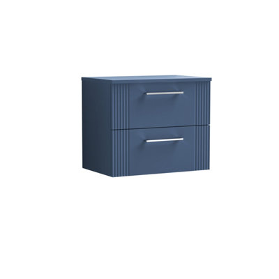 B&Q -  Belvide Partial Fluted 2 Drawer Wall Hung Vanity Unit With Colour Coordinating Laminate Worktop600mmSatin Blue