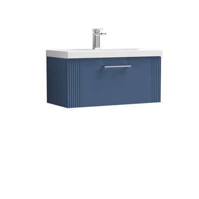 B&Q -  Belvide Partial Fluted 1 Drawer Wall Hung Vanity Unit With 1 Tap Hole Thin-Edge Basin- 800mmSatin Blue