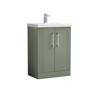 B&Q -  Belvide Partial Fluted 2 Door Floor Standing Vanity Unit With Mid-Edge 1 Tap Hole Ceramic Basin600mmSatin Green