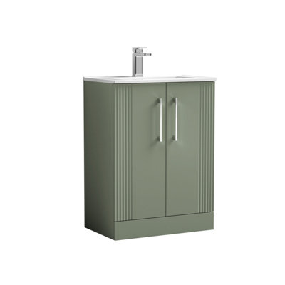 B&Q -  Belvide Partial Fluted 2 Door Floor Standing Vanity Unit With 1 Tap Hole Minimalist Basin600mmGreen