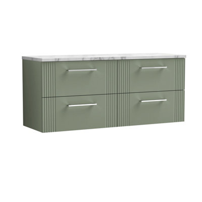 Balterley Belvide Partial Fluted 4 Drawer Wall Hung Vanity Unit With Carrera Marble Laminate Worktop1200mmSatin Green from B&Q