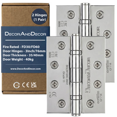 DecoranddecorFire Rated Ball Bearing Door Hinge 102mm (4 Inch)Polished ChromePair (2 Hinges) from B&Q