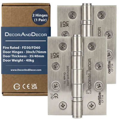 DecoranddecorFire Rated Ball Bearing Door Hinge 102mm (4 Inch)Satin NickelPair (2 Hinges) from B&Q