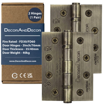 DecoranddecorFire Rated Ball Bearing Door Hinge 102mm (4 Inch)Antique BrassPair (2 Hinges) from B&Q