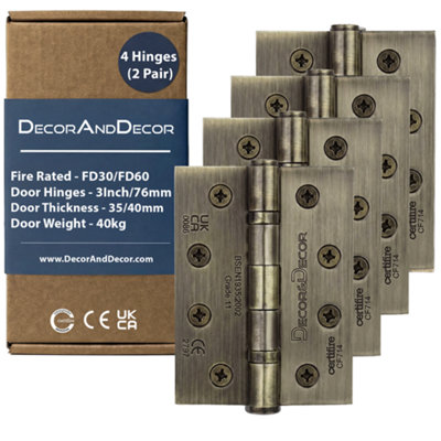 DecoranddecorFire Rated Ball Bearing Door Hinge 102mm (4 Inch)Antique Brass2 Pairs (4 Hinges) from B&Q
