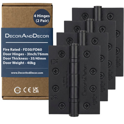 DecoranddecorFire Rated Ball Bearing Door Hinge 102mm (4 Inch)Matt Black2 Pairs (4 Hinges) from B&Q