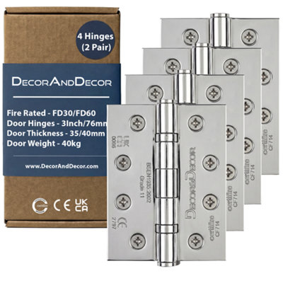 DecoranddecorFire Rated Ball Bearing Door Hinge 102mm (4 Inch)Polished Chrome2 Pairs (4 Hinges) from B&Q