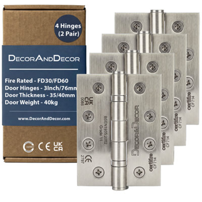 DecoranddecorFire Rated Ball Bearing Door Hinge 102mm (4 Inch)Satin Nickel2 Pairs (4 Hinges) from B&Q
