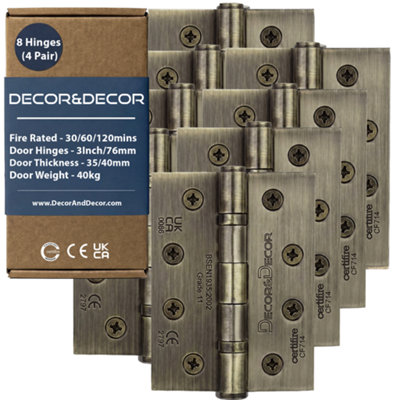 DecoranddecorFire Rated Ball Bearing Door Hinge 102mm (4 Inch)Antique Brass4 Pairs (8 Hinges) from B&Q