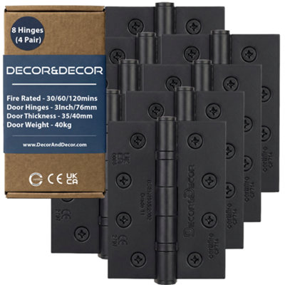 DecoranddecorFire Rated Ball Bearing Door Hinge 102mm (4 Inch)Matt Black4 Pairs (8 Hinges) from B&Q