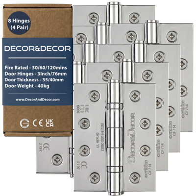 DecoranddecorFire Rated Ball Bearing Door Hinge 102mm (4 Inch)Polished Chrome4 Pairs (8 Hinges) from B&Q