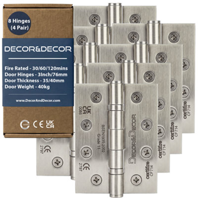 DecoranddecorFire Rated Ball Bearing Door Hinge 102mm (4 Inch)Satin Nickel4 Pairs (8 Hinges) from B&Q