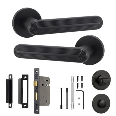 B&Q -  Marin Bathroom Door Handles With 64mm Lock & ThumbturnMatt Black Lever On Rose Bathroom Kit