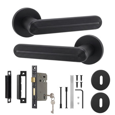 B&Q -  Marin Door Handles With 64mm Sash Lock & Keyed EscutcheonsMatt Black Lever On Rose Lockable Kit