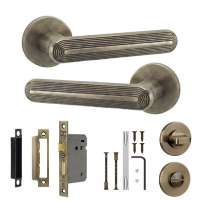 B&Q -  Marin Bathroom Door Handles With 64mm Lock & ThumbturnAntique Brass Lever On Rose Bathroom Kit