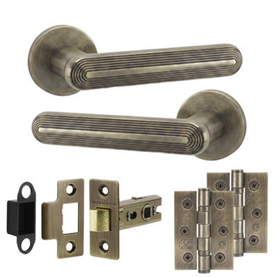 B&Q -  Marin Door Handles With Latch & 76mm HingesAntique Brass Lever On Rose Internal Door Kit