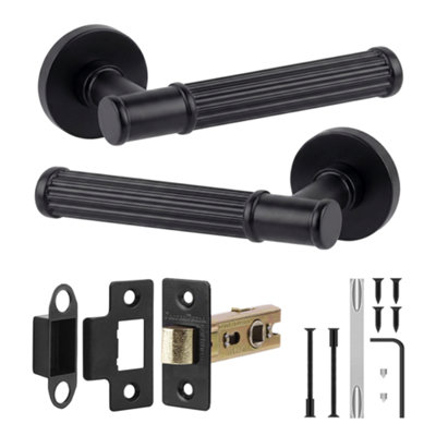 B&Q -  Leto Door Handles With 64mm Tubular LatchMatt Black Lever On Rose Internal Door Latch Kit