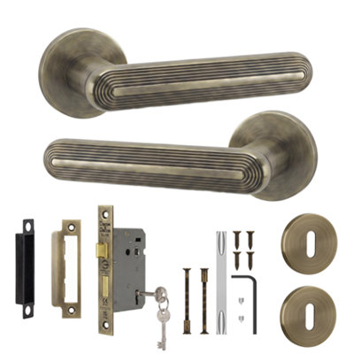 B&Q -  Marin Door Handles With 76mm Sash Lock & Keyed EscutcheonsAntique Brass Lever On Rose Lockable Kit