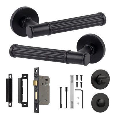 B&Q -  Leto Bathroom Door Handles With 76mm Lock & ThumbturnMatt Black Lever On Rose Bathroom Kit