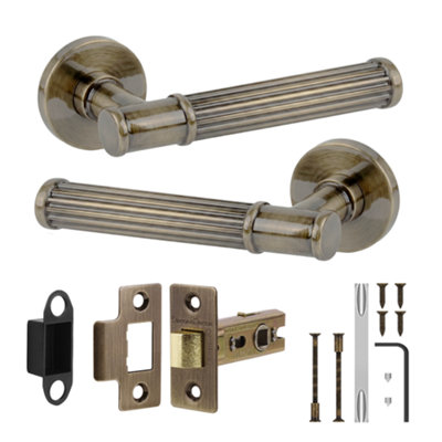 B&Q -  Leto Door Handles With 76mm Tubular LatchAntique Brass Lever On Rose Internal Door Latch Kit