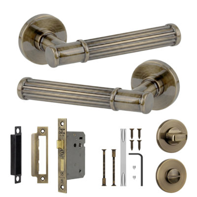 B&Q -  Leto Bathroom Door Handles With 76mm Lock & ThumbturnAntique Brass Lever On Rose Bathroom Kit