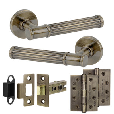 B&Q -  Leto Door Handles With Latch & 102mm HingesAntique Brass Lever On Rose Internal Door Kit