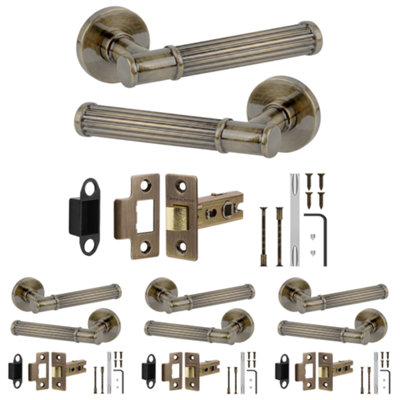 B&Q -  Leto Door Handles With 76mm Tubular LatchAntique Brass Lever On Rose Internal Door Latch KitPack Of 4