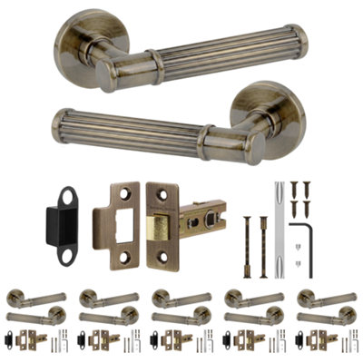 B&Q -  Leto Door Handles With 64mm Tubular LatchAntique Brass Lever On Rose Internal Door Latch KitPack Of 6