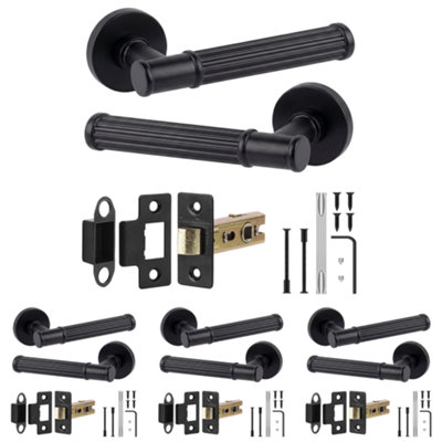 B&Q -  Leto Door Handles With 64mm Tubular LatchMatt Black Lever On Rose Internal Door Latch KitPack Of 4