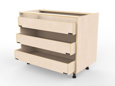 B&Q 1000Mm Solid Birch Plywood Kitchen Unit - Three Drawer Grain/Light