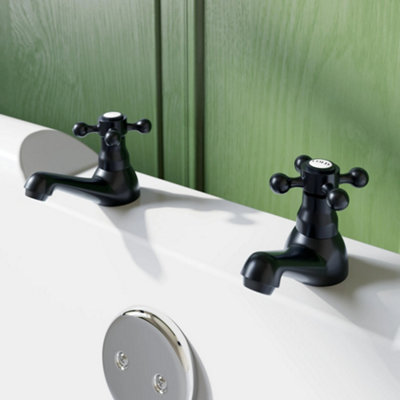 Affine Oxford Bathroom Bath Pillar Taps Set Pair Round Single Cross Handle Matt Black from B&Q