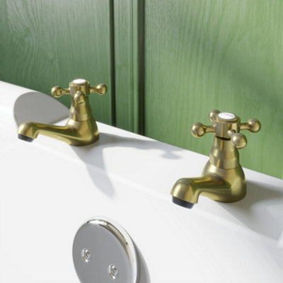 Affine Oxford Bathroom Bath Pillar Tap Set Pair Round Single Cross Handle Brushed Brass from B&Q