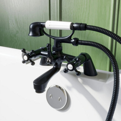 Affine Oxford Bath Shower Mixer Tap Handset Hose Traditional Crosshead Handle Black from B&Q