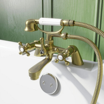 Affine Oxford Bath Shower Mixer Tap Handset Hose Traditional Cross Handle Brushed Brass from B&Q