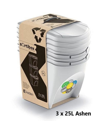 B2C Sorting Waste Bin Recycling Segregation Stackable Lidded Ashen 3X25L from B&Q