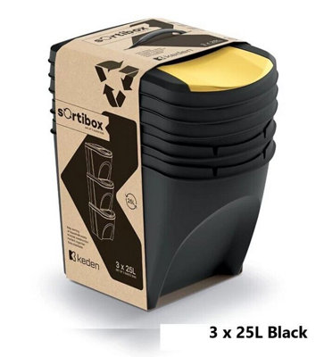 B&Q -  Sorting Waste Bin Recycling Segregation Stackable Lidded Black 3X25L