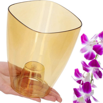 B&Q -  Plant Orchid Pot Plastic  Gloss Oval Planter 12 Cm Honey Transparent Square