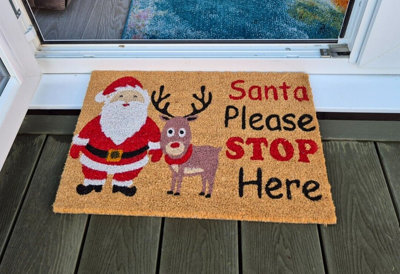 B2C Christma Door Mat Doormats Non Slip Natural Coir Indoor Outdoor Home Garden Santa Please Stop Here from B&Q