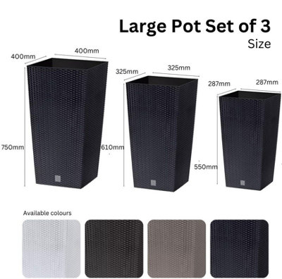 B2C Set Of 3 Flower Pots Tall Planter Rattan Look Plastic Plant Indoor Outdoor Large Pots Set White from B&Q