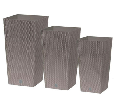 B2C Set Of 3 Flower Pots Tall Planter Rattan Look Plastic Plant Indoor Outdoor Large Pots Set Beige from B&Q