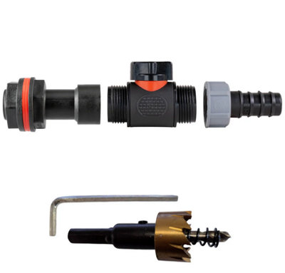 B2C Water Butt Extension Kit With Valve And Drill Bit Set Rain Tank Connectors Extension+ 3/4"bspm Valve +20mm Barb Joiner from B&Q