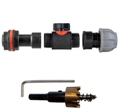 B2C Water Butt Extension Kit With Valve And Drill Bit Set Rain Tank Connectors Extension+ 3/4"bspm Valve + 20mm Mdpe Joiner from B&Q