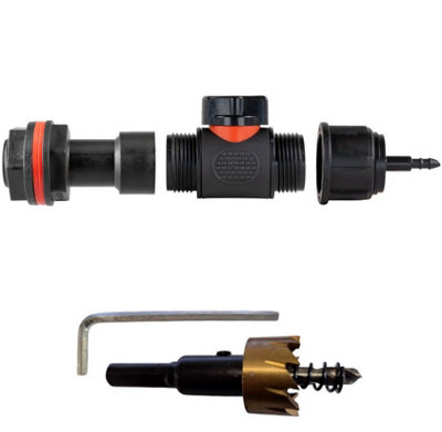B2C Water Butt Extension Kit With Valve And Drill Bit Set Rain Tank Connectors  Extension+3/4"bspm Valve +3/4"bspf -4mm Microtube from B&Q