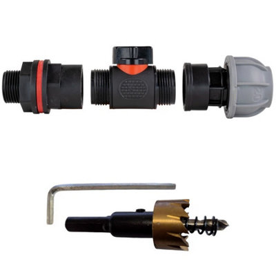 B2C Water Butt Valve Connector Kit Valve Drill Bit Set Rainwater Tank 3/4" Garden In Line Valve + 25mm Mdpe Joiner from B&Q